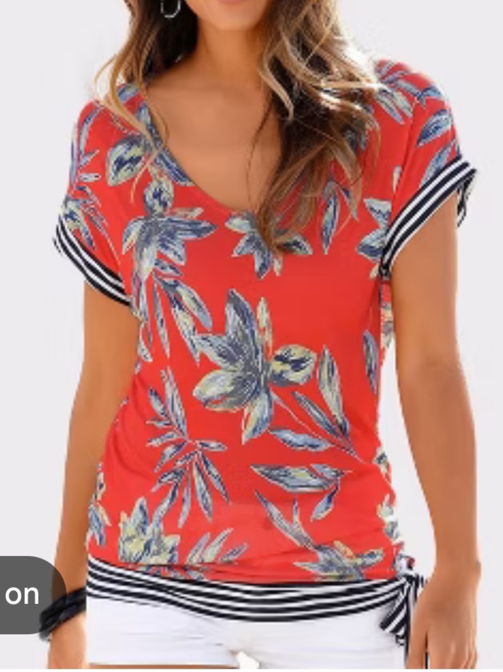 Lascana for Venus Red Printed Floral V-Neck Side Tie Top striped hems viscose XL